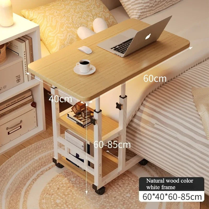 Rolling Height-Adjustable Desk with Storage Shelves – Overbed, Bedside & Study Table for Bedroom, Dorm & Home Office