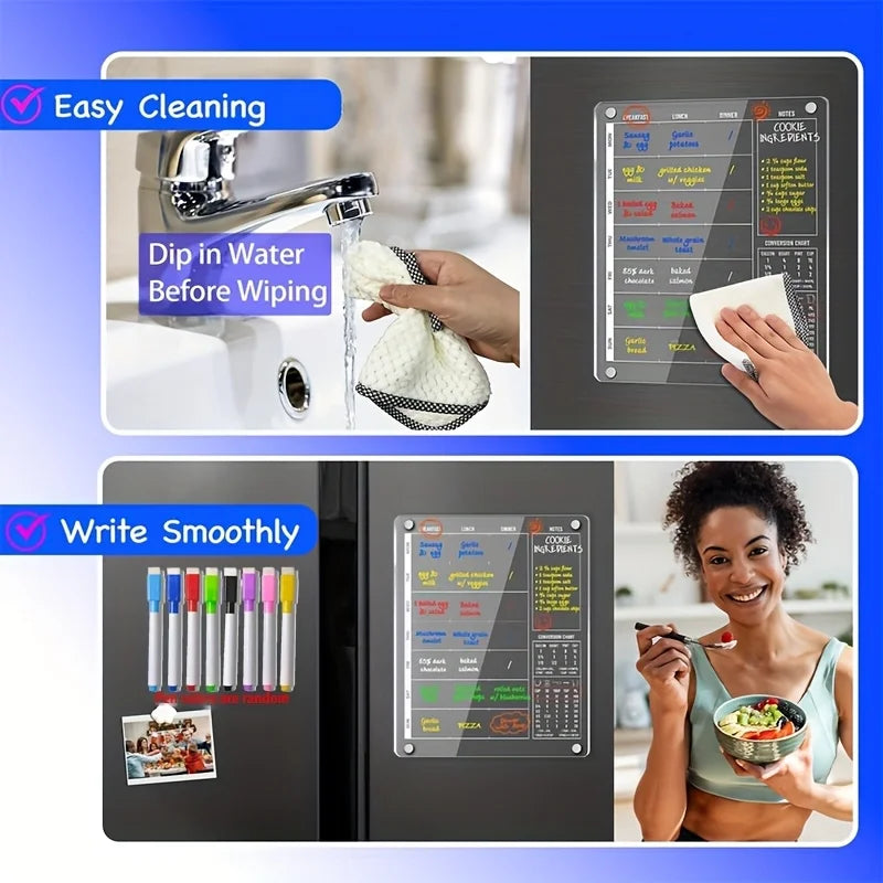 3-in-1 Magnetic Acrylic Meal Planner for Fridge – Clear Weekly Dry-Erase Menu Board | Breakfast, Lunch & Dinner | Notes & Conversion Chart | 8 Markers Included