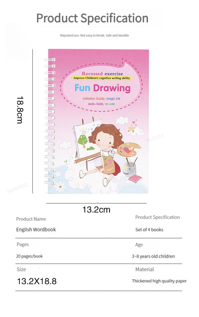 Magic Reusable Writing Practice Books | 4-Book Set with Auto-Disappearing Ink Pen