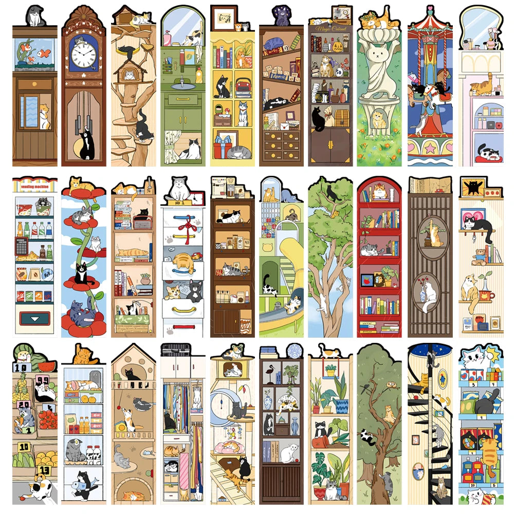 Cartoon Cat World Bookmarks Set of 30 | Waterproof PVC Graffiti Style | Reading, Laptop & Luggage Stickers | Perfect Gift for Book Lovers