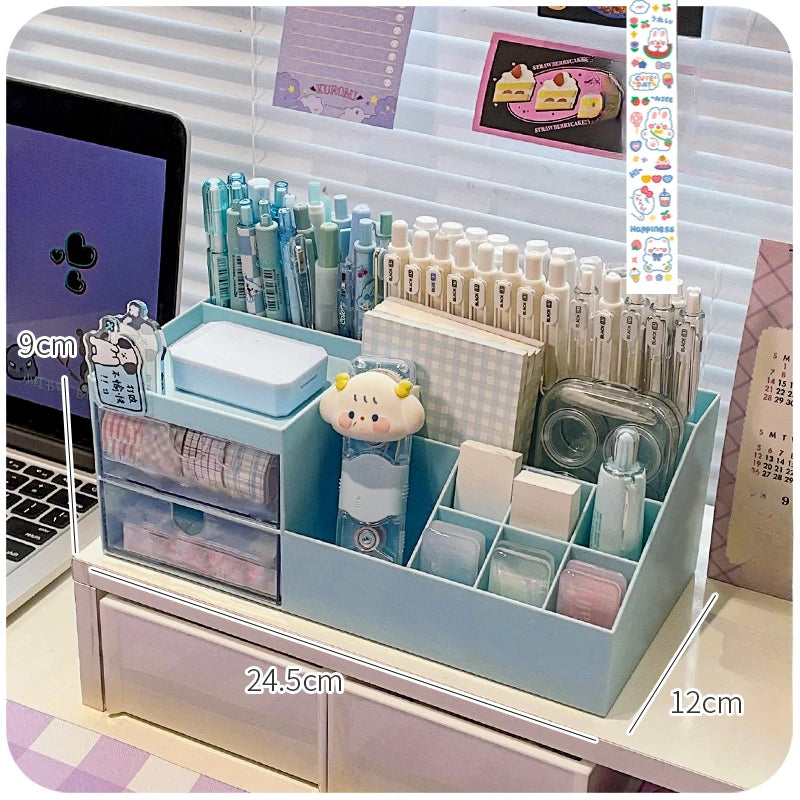 Kawaii Nine-Grid Drawer Desktop Organizer in Sky Blue | Pen Holder & Stationery Storage Box | Includes Stickers