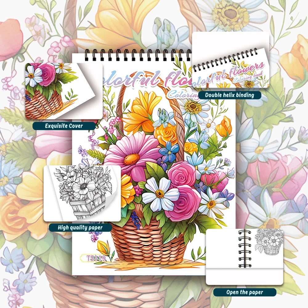 Adult Spiral Coloring Book - 30 Sheets Nature & Floral Themes | 11.2x8.3" Landscape Format | Birthday & Holiday Gift