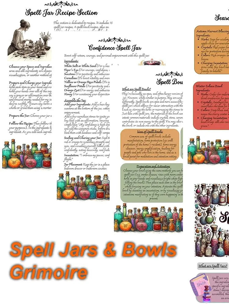 Illustrated Witchcraft Grimoire - 50-Page Spell Book with Rituals & Crystal Magic
