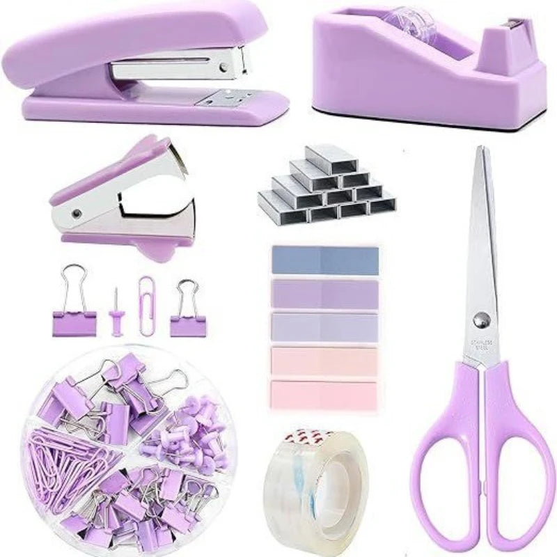 7-Piece Stationery Kit – Stapler, Tape Dispenser, Scissors, Clips & More | Purple, Black, Pink & Green