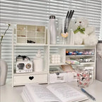 Double-Layer Desktop Stationery Organizer in White | Multi-Compartment Storage Shelf | Office & School Desk Essential