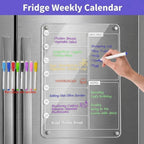 Magnetic Acrylic Fridge Weekly Calendar – Frameless Transparent Dry-Erase Planner | 7-Day Meal & Grocery Board | 8 Markers Included