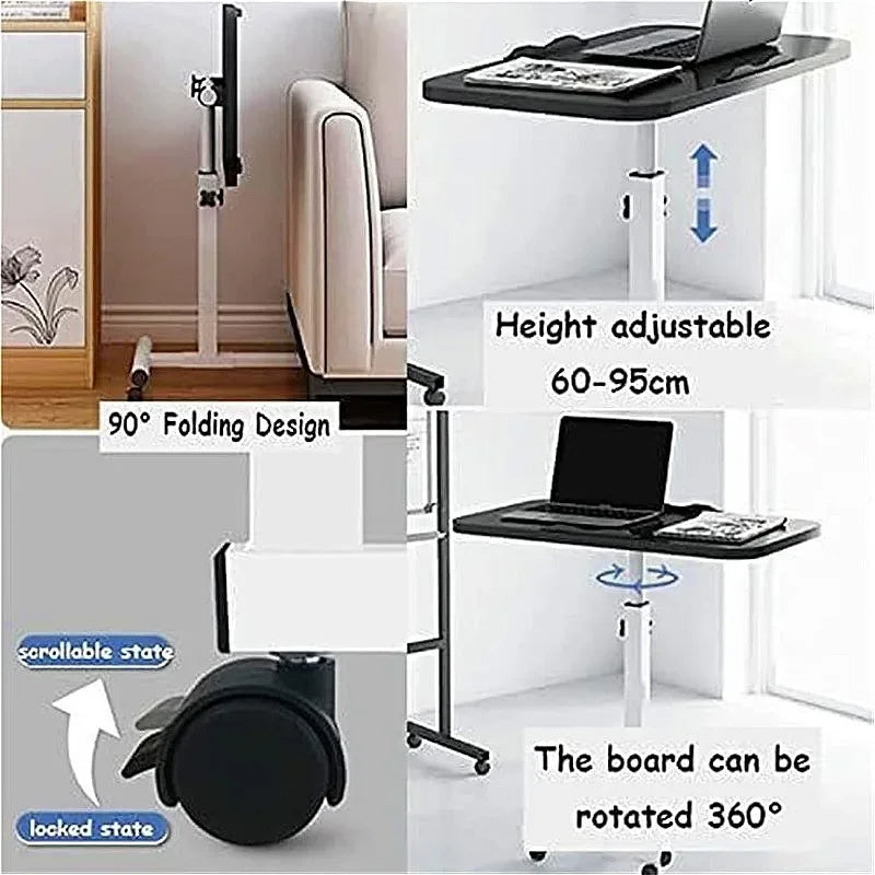Rolling Bedside Laptop Desk with 360° Rotating & Tilting Top – Height Adjustable 59–89cm, Lockable Wheels | Black & White