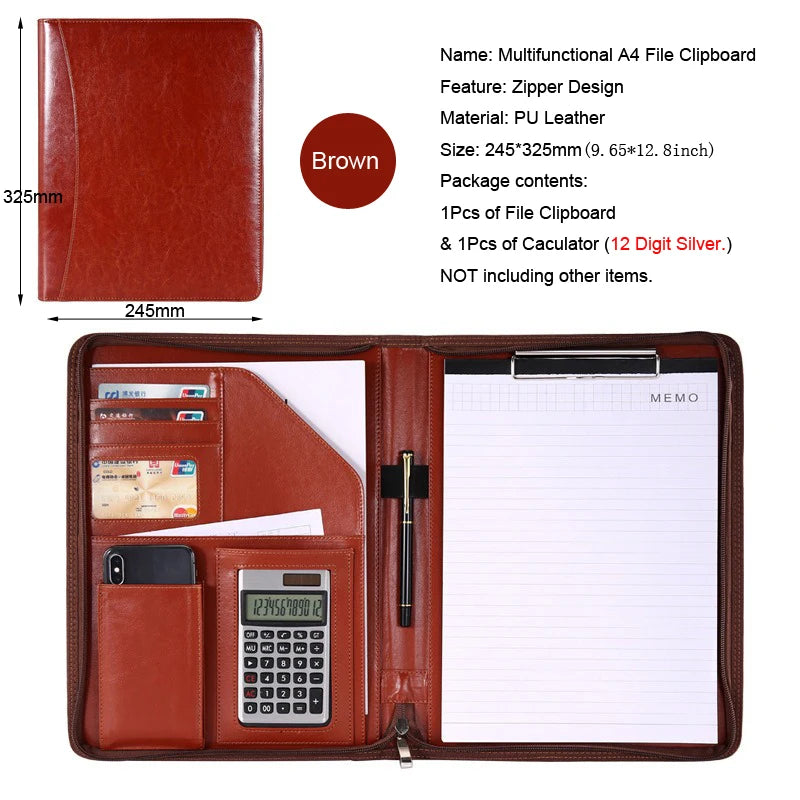 Executive A4 Leather Portfolio Folder – Zippered PU Leather Padfolio | With or Without Calculator | Black, Bronze, Blue & Brown