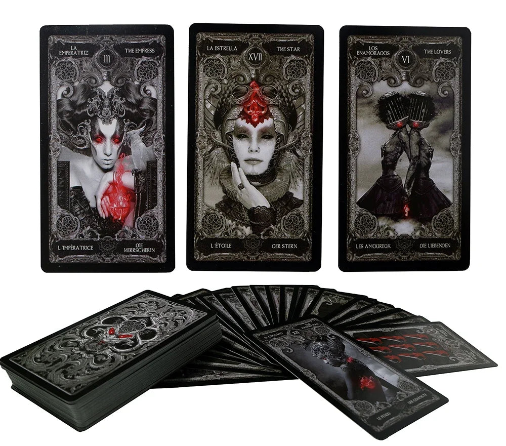 XIII Dark Tarot Deck - 78 Cards Gothic Mysterious Divination | 5 Languages on Every Card | QR Guide Included | Adults 18+