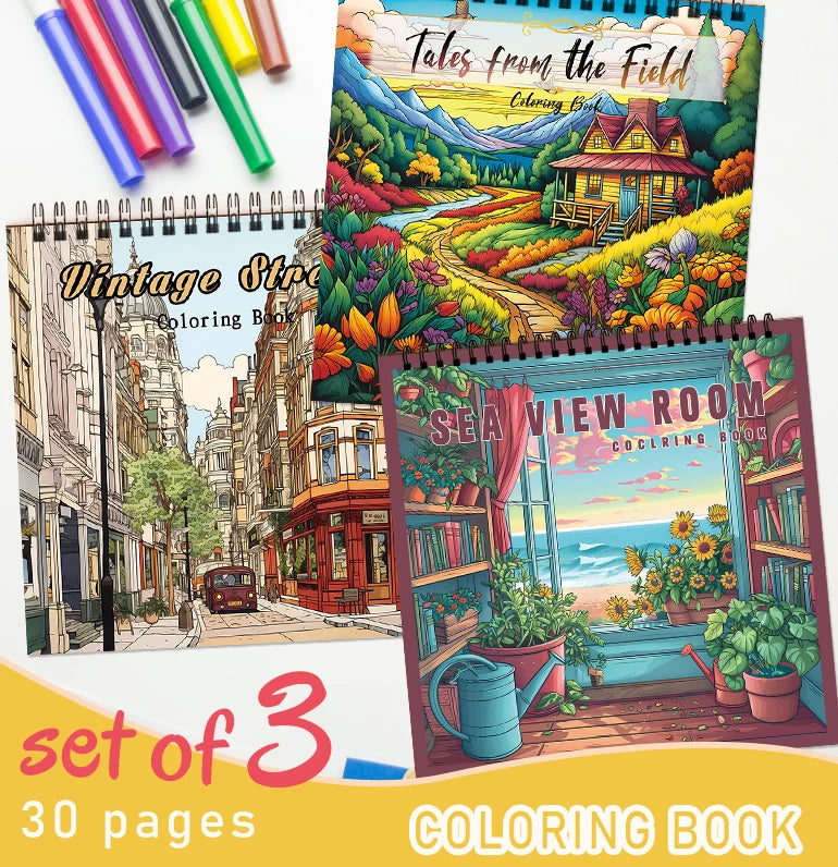 Cartoon Landscape Coloring Books Set of 3 – Vintage Streets, Tales from the Field & Sea View Room | Spiral-Bound, 30 Pages Each