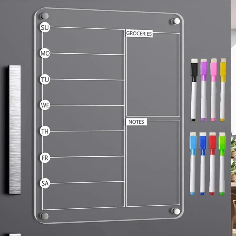 Magnetic Acrylic Fridge Weekly Calendar – Frameless Transparent Dry-Erase Planner | 7-Day Meal & Grocery Board | 8 Markers Included