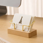 Wooden Business Card Holder with Gold Wire Stand – Desk Organizer Display | Beech or Walnut