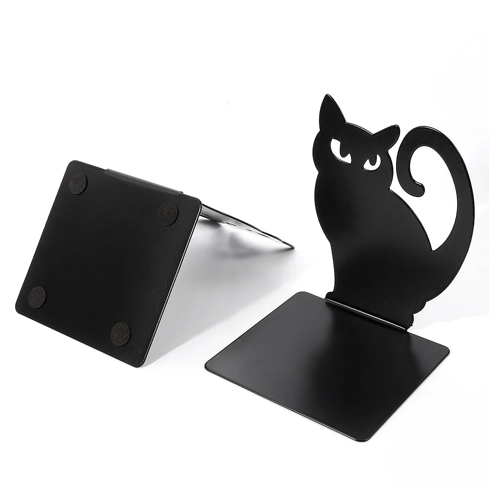 Black Cat Bookends — Heavy Iron Book Stand for Shelf & Desk