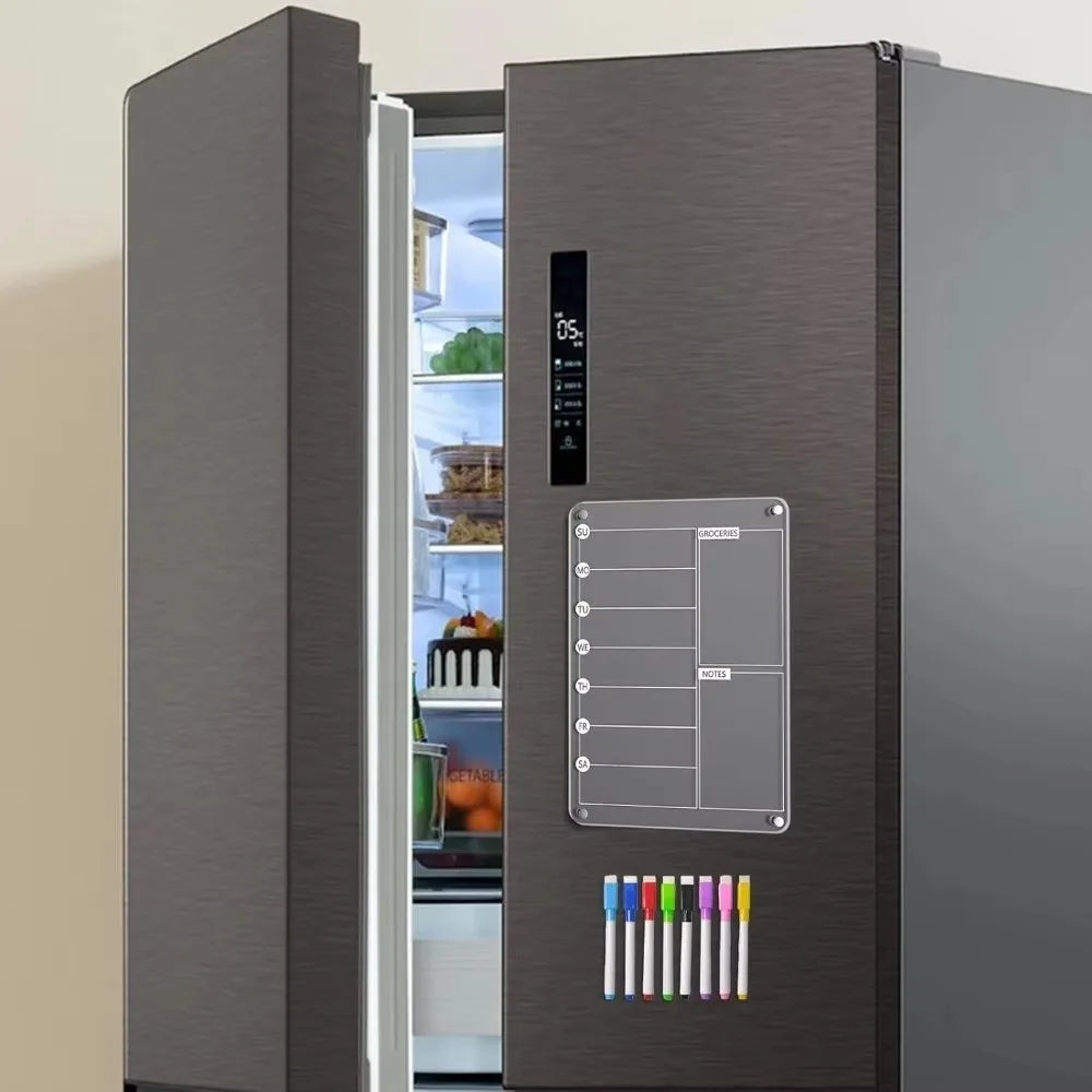 Magnetic Acrylic Fridge Weekly Calendar – Frameless Transparent Dry-Erase Planner | 7-Day Meal & Grocery Board | 8 Markers Included