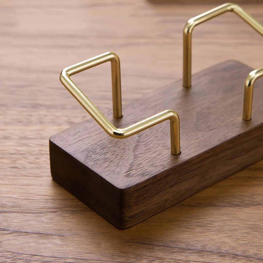 Wooden Business Card Holder with Gold Wire Stand – Desk Organizer Display | Beech or Walnut