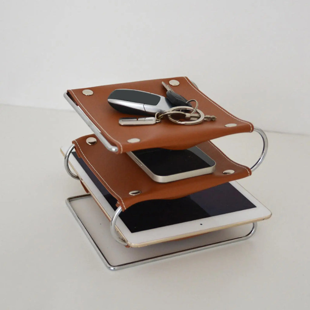 Three-Layer Desk Shelf Organizer in Brown | PU Leather & Metal Rack | File Sorting, Display & Multi-Use Storage