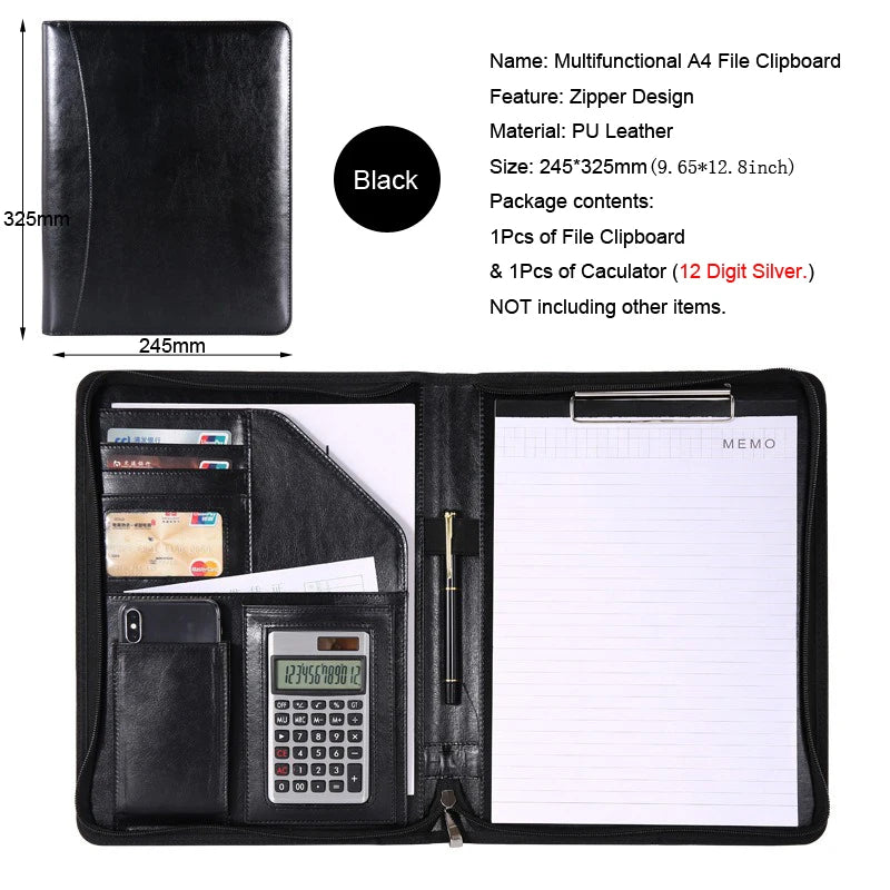 Executive A4 Leather Portfolio Folder – Zippered PU Leather Padfolio | With or Without Calculator | Black, Bronze, Blue & Brown
