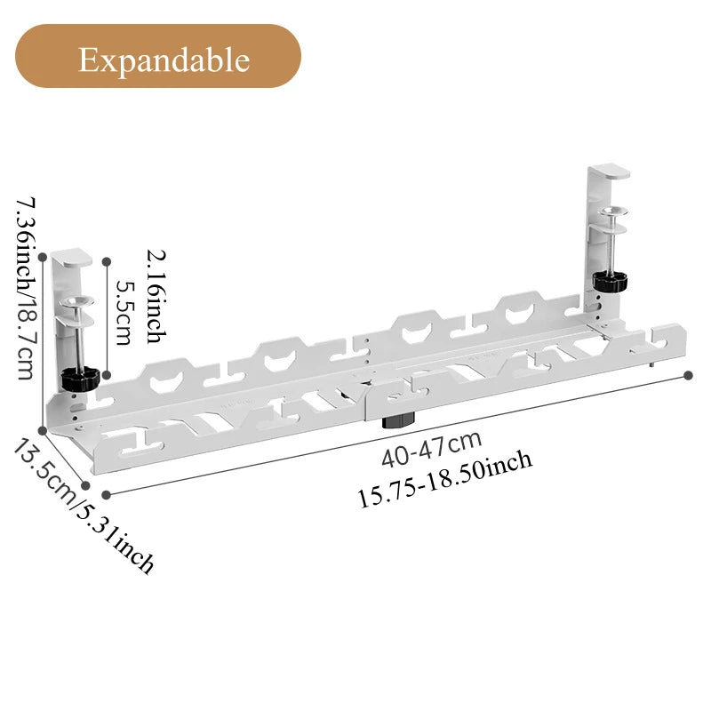 Under-Desk Cable Management Rack — Telescopic Metal Storage Tray, No Drilling Required