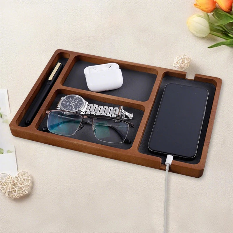 Wooden Desktop Storage Organizer Box with Compartments | Glasses, Phone, Earphones & Sundries | 2 Designs | Home & Office