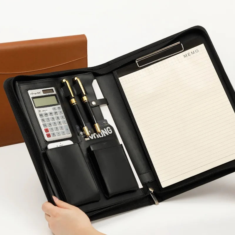 Executive A4 Leather Portfolio Folder – Zippered PU Leather Padfolio | With or Without Calculator | Black, Bronze, Blue & Brown