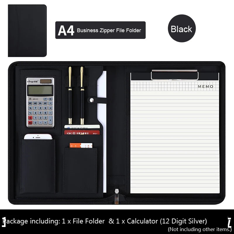 Executive A4 Leather Portfolio Folder – Zippered PU Leather Padfolio | With or Without Calculator | Black, Bronze, Blue & Brown