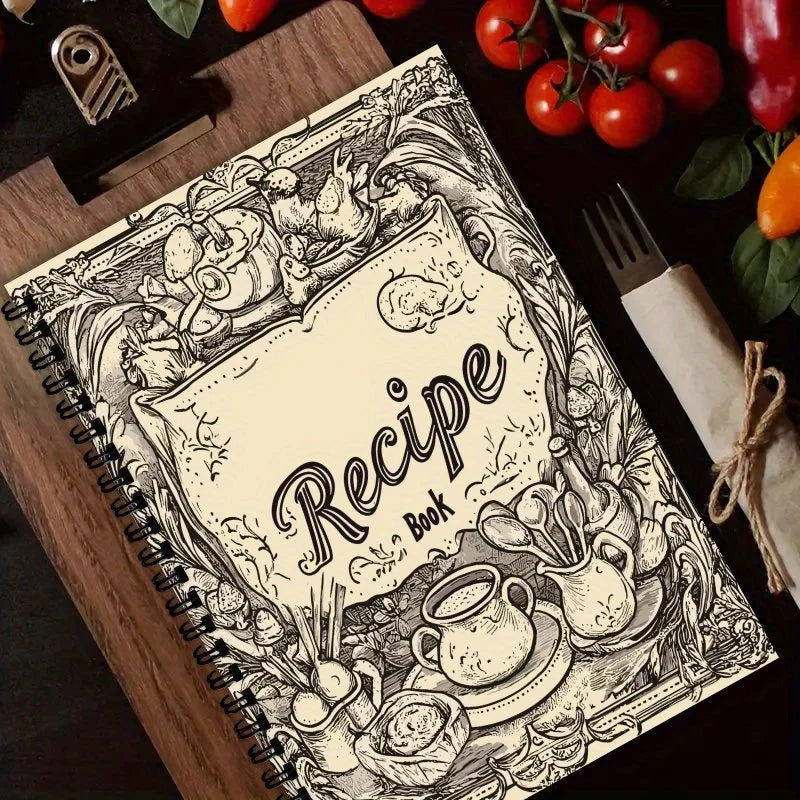 Vintage Recipe Book – A5 Spiral | 100 Pages with Kitchen Conversions | Antique Engraving Cover for Home Cooks & Bakers
