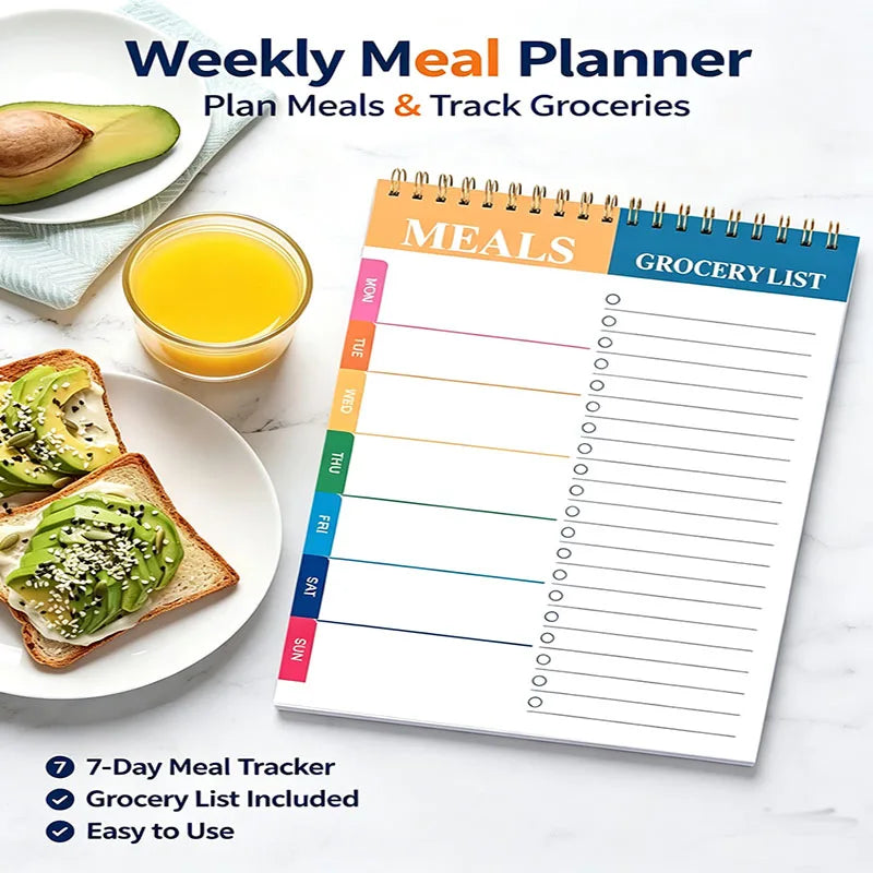 Weekly Meal Planner Notepad – 50 Sheets Tear-Off | 7-Day Meal Plan & Grocery Checklist | Stands Upright | Ink-Resistant Paper