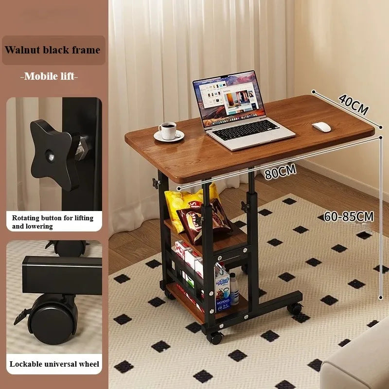 Rolling Height-Adjustable Desk with Storage Shelves – Overbed, Bedside & Study Table for Bedroom, Dorm & Home Office