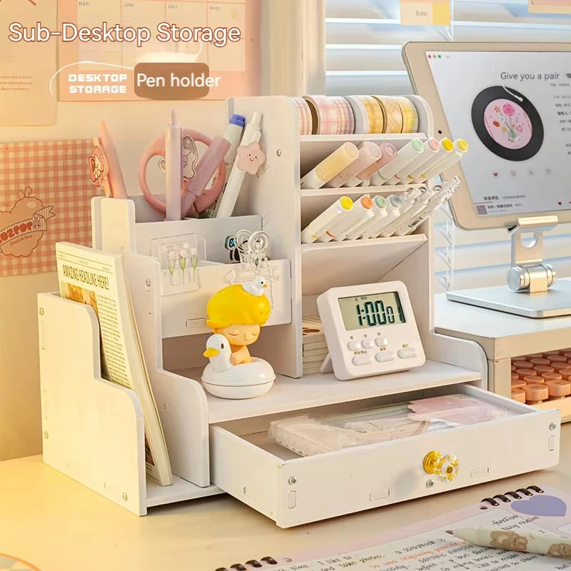 Wooden Pen & Stationery Desk Organizer — Multi-Compartment Desktop Storage for Home & Office