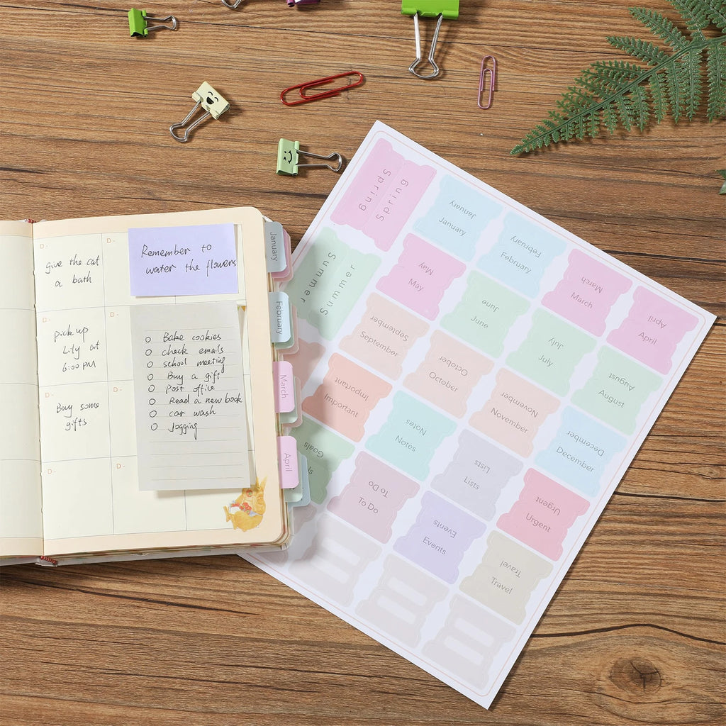 Planner Tabs Set – 84 Pieces | Monthly, Seasonal & Category Index Tabs | Pastel Colors | 12 Blank Tabs to Customize