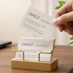 Wooden Business Card Holder with Gold Wire Stand – Desk Organizer Display | Beech or Walnut