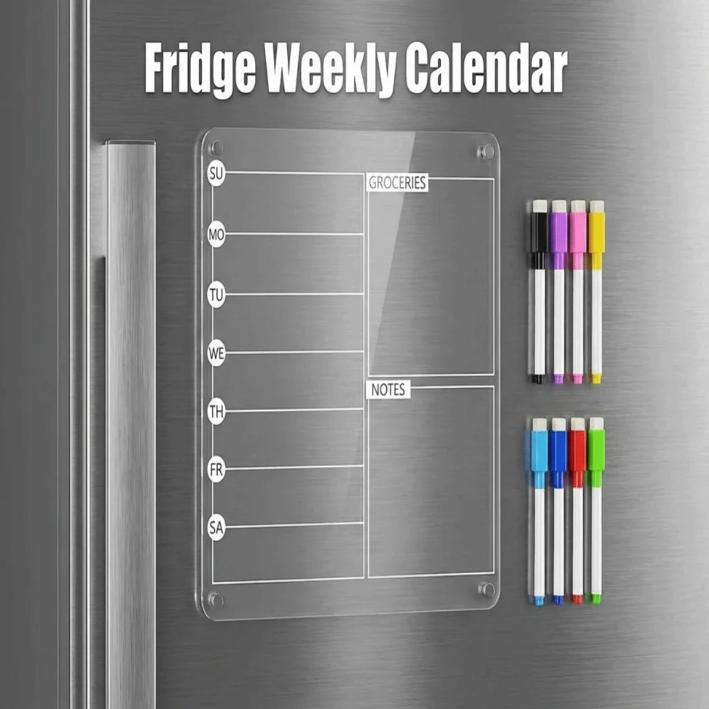 Magnetic Acrylic Fridge Weekly Calendar – Frameless Transparent Dry-Erase Planner | 7-Day Meal & Grocery Board | 8 Markers Included