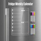 Magnetic Acrylic Fridge Weekly Calendar – Frameless Transparent Dry-Erase Planner | 7-Day Meal & Grocery Board | 8 Markers Included