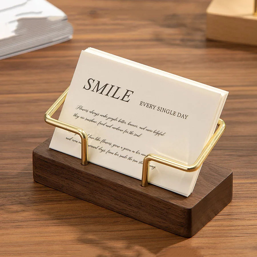 Wooden Business Card Holder with Gold Wire Stand – Desk Organizer Display | Beech or Walnut