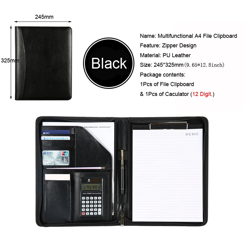 Executive A4 Leather Portfolio Folder – Zippered PU Leather Padfolio | With or Without Calculator | Black, Bronze, Blue & Brown