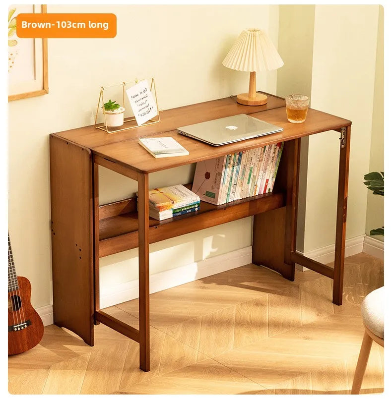 Foldable Bamboo Desk with Built-In Storage Shelf – No-Assembly Space-Saving Study & Computer Desk for Bedroom & Small Spaces