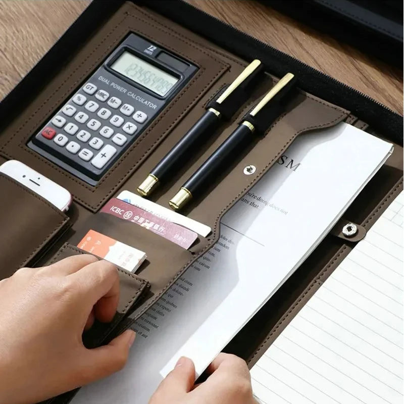 Executive A4 Leather Portfolio Folder – Zippered PU Leather Padfolio | With or Without Calculator | Black, Bronze, Blue & Brown