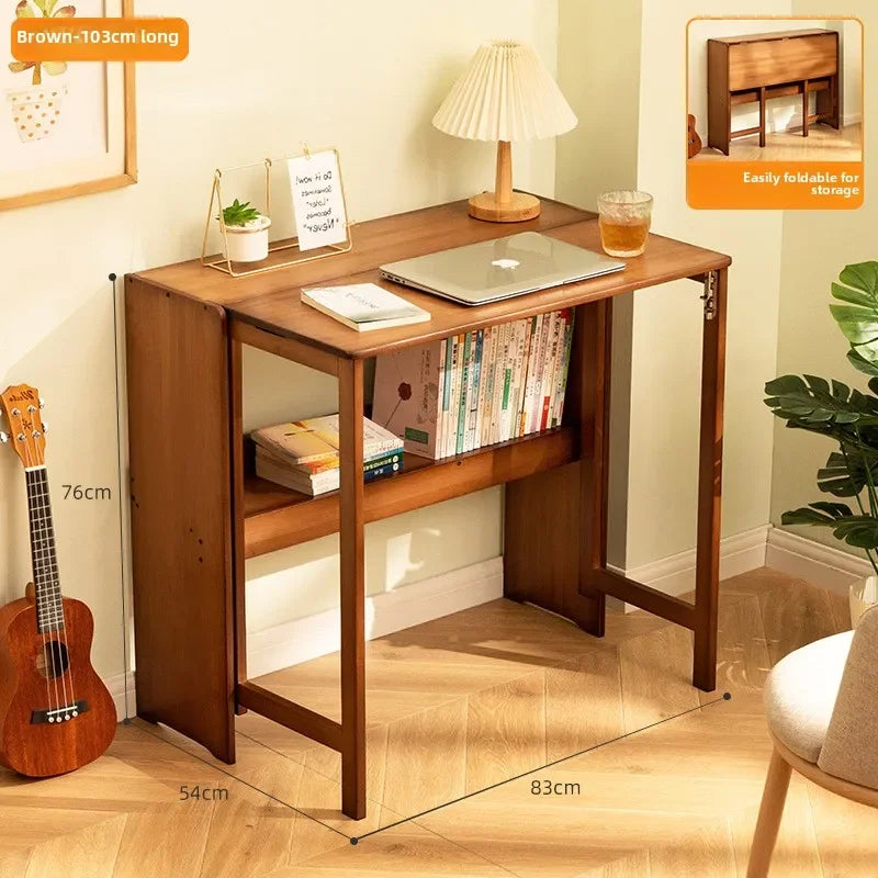 Foldable Bamboo Desk with Built-In Storage Shelf – No-Assembly Space-Saving Study & Computer Desk for Bedroom & Small Spaces