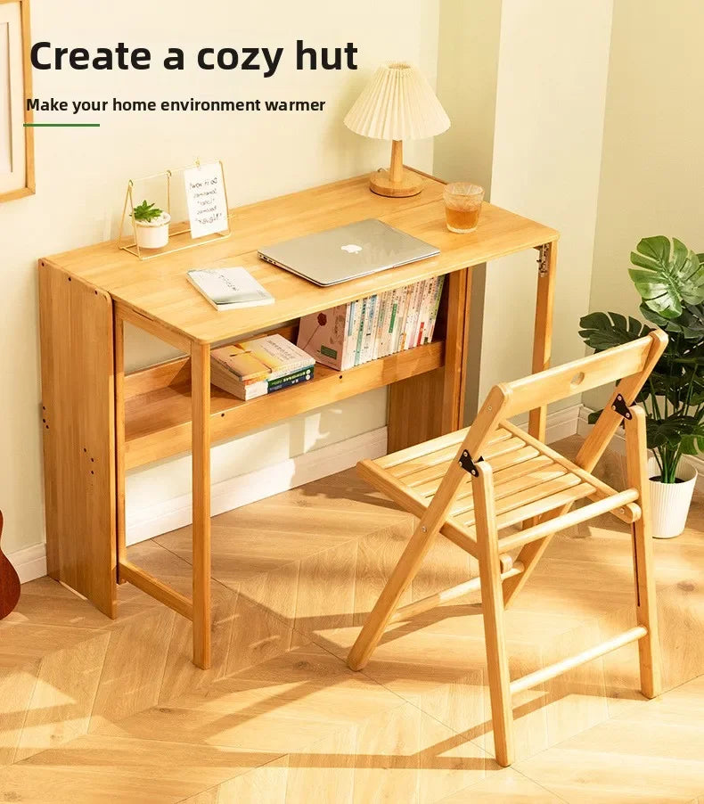 Foldable Bamboo Desk with Built-In Storage Shelf – No-Assembly Space-Saving Study & Computer Desk for Bedroom & Small Spaces
