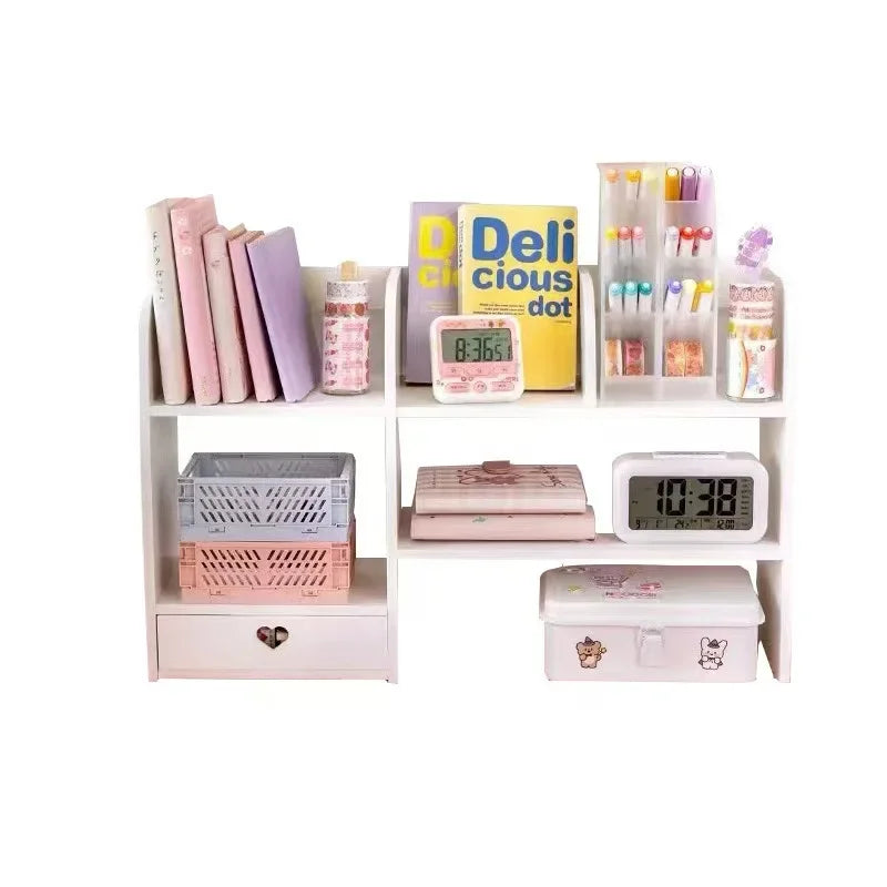 Double-Layer Desktop Stationery Organizer in White | Multi-Compartment Storage Shelf | Office & School Desk Essential