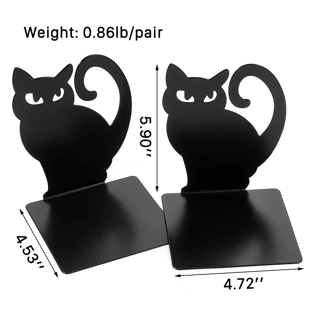 Black Cat Bookends — Heavy Iron Book Stand for Shelf & Desk