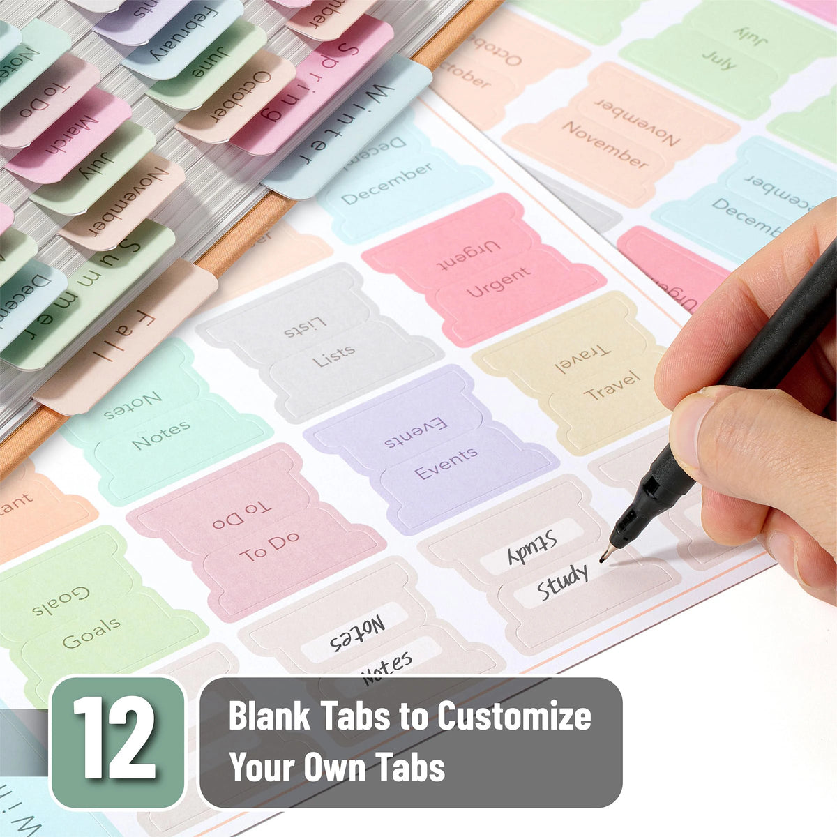 Planner Tabs Set – 84 Pieces | Monthly, Seasonal & Category Index Tabs | Pastel Colors | 12 Blank Tabs to Customize