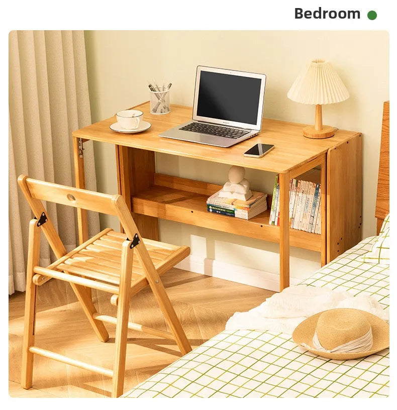 Foldable Bamboo Desk with Built-In Storage Shelf – No-Assembly Space-Saving Study & Computer Desk for Bedroom & Small Spaces