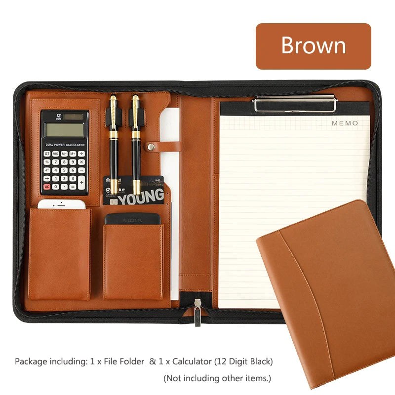 Executive A4 Leather Portfolio Folder – Zippered PU Leather Padfolio | With or Without Calculator | Black, Bronze, Blue & Brown