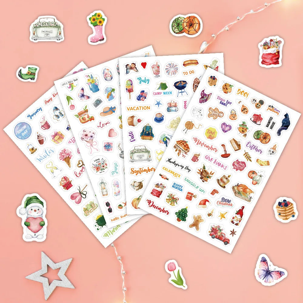 Monthly Calendar Stickers – 4 Sheets, 195 Stickers | Seasonal & Holiday Designs for Planners, Journals & Scrapbooks