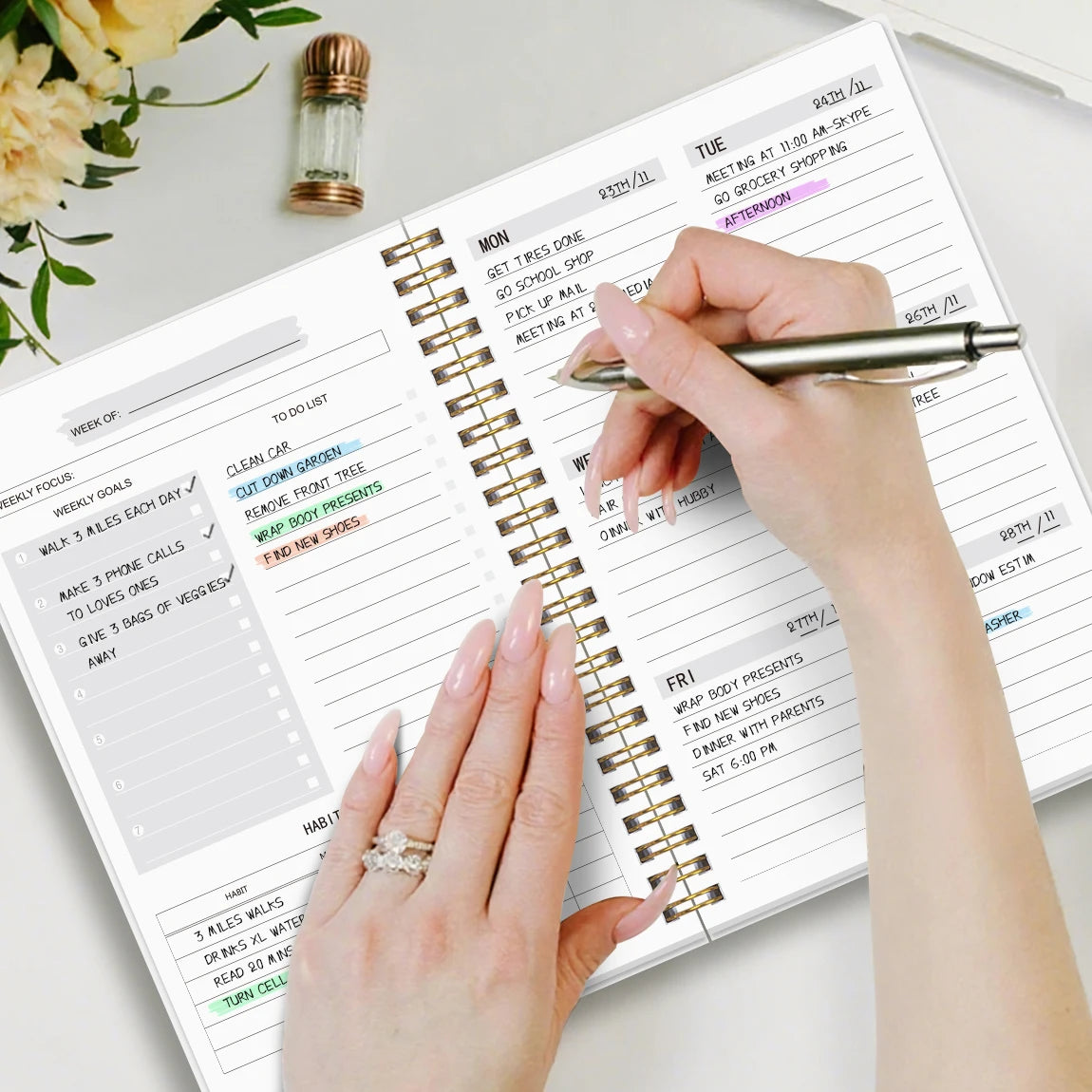 Undated Weekly Planner – A5 Spiral Journal | Weekly Goals, To-Do List & Habit Tracker | Romantic Boho Floral Cover