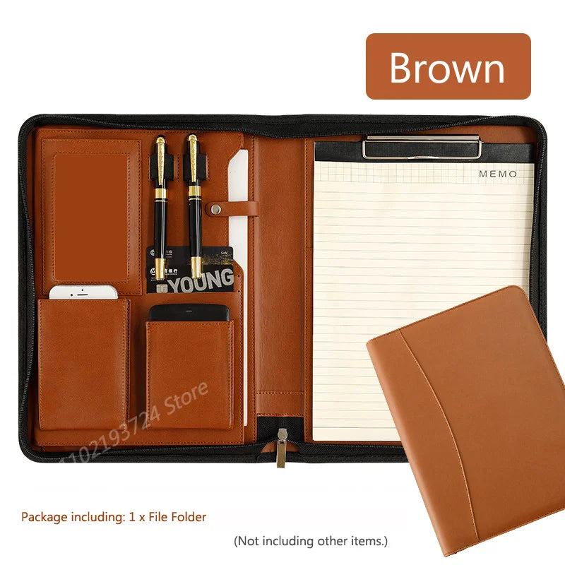 Executive A4 Leather Portfolio Folder – Zippered PU Leather Padfolio | With or Without Calculator | Black, Bronze, Blue & Brown