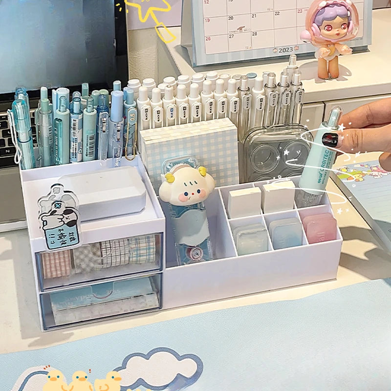 Kawaii Nine-Grid Drawer Desktop Organizer in Sky Blue | Pen Holder & Stationery Storage Box | Includes Stickers