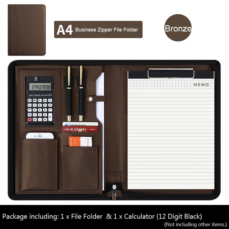Executive A4 Leather Portfolio Folder – Zippered PU Leather Padfolio | With or Without Calculator | Black, Bronze, Blue & Brown