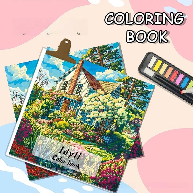 Idyll – Adult Coloring Book | Cottages, Gardens & Nature Scenes for Relaxation